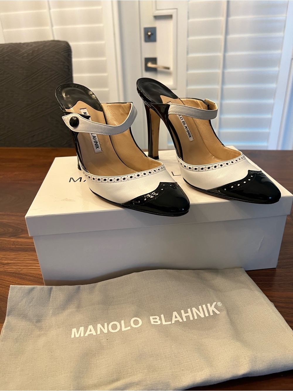 Manolo Blahnik Black and White Mary Jane Pointed-Toe Pumps